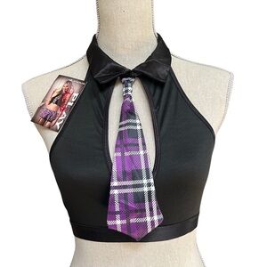 NWT Fantasy Lingerie Sexy Schoolgirl Top with Plaid Tie, Black Purple, size M/L